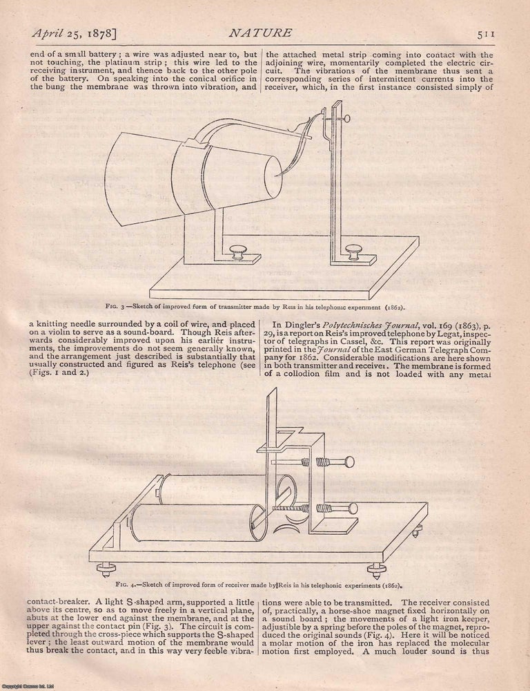 Item #316542 Early Electric Telephony by W.F. Barrett, pp510-512 in Nature, Volume 17, Number 443. Nature. A Weekly Journal of Science. Thursday, April 25th, 1878. ELECTRIC TELEPHONY.