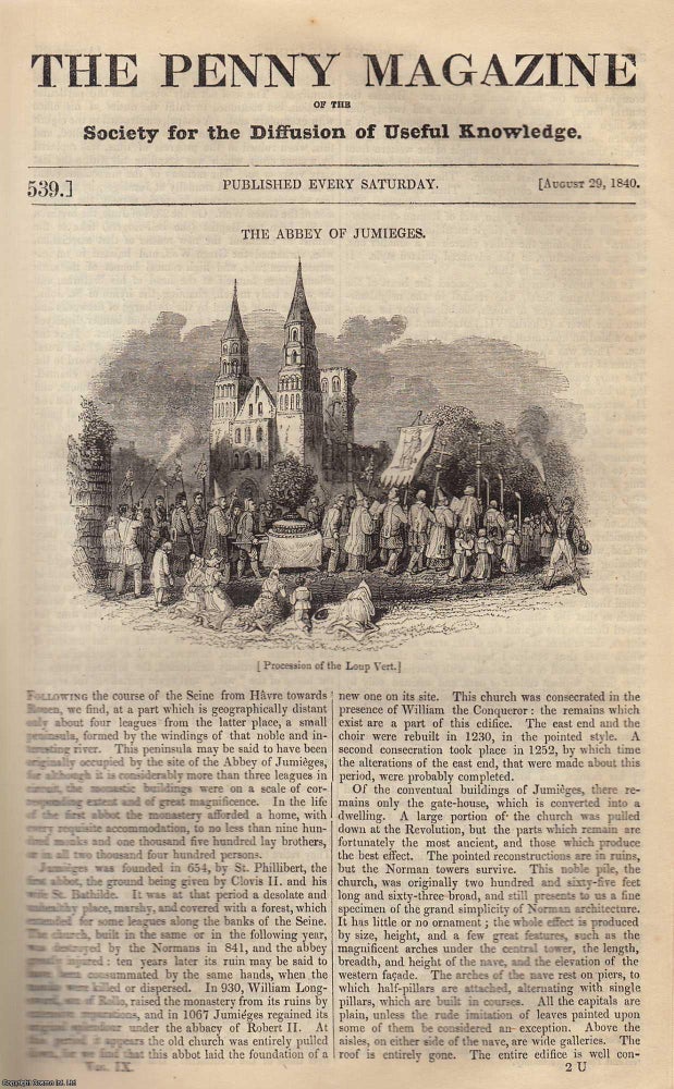 Item #319753 The Abbey of Jumieges; History of a Coat (Material) (Part 1); Tynemouth Bar, Northumberland; The Province of The Che-Kiang; The Lama Caravan. Issue No. 539, August 29th, 1840. A complete original weekly issue of the Penny Magazine, 1840. Penny Magazine.