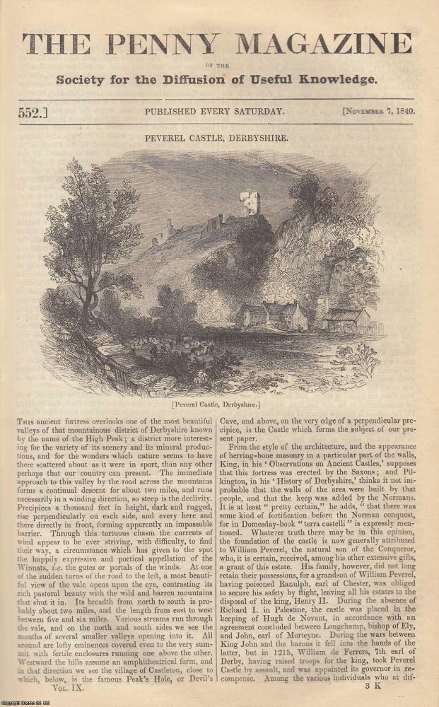Item #319766 Peverel Castle, Derbyshire; Vittorio Alfieri; Queen Anne's Farthings; Customs and Superstitions Among The Esthonians; Sugar (Domestic Chemistry). Issue No. 552, November 7th, 1840. A complete original weekly issue of the Penny Magazine, 1840. Penny Magazine.