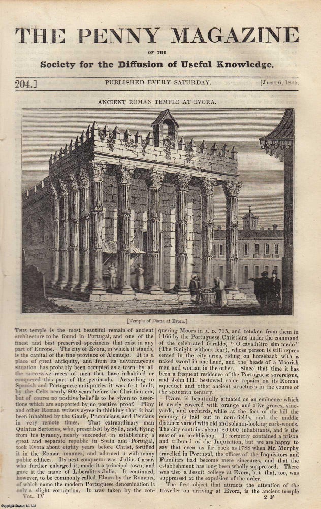 Item #319915 Ancient Roman Temple at Evora; Prudhoe Castle, Northumberland; Russian Villages; The Relation Between Education and Crime (part 2). Issue No. 204, June 6, 1835. A complete original weekly issue of the Penny Magazine, 1835. Penny Magazine.