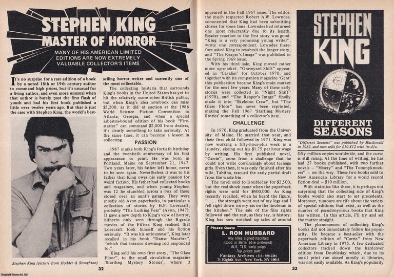 Item #324529 Stephen King. Master of Horror. This is an original article separated from an issue of The Book & Magazine Collector publication, 1987. Book, Magazine Collector.