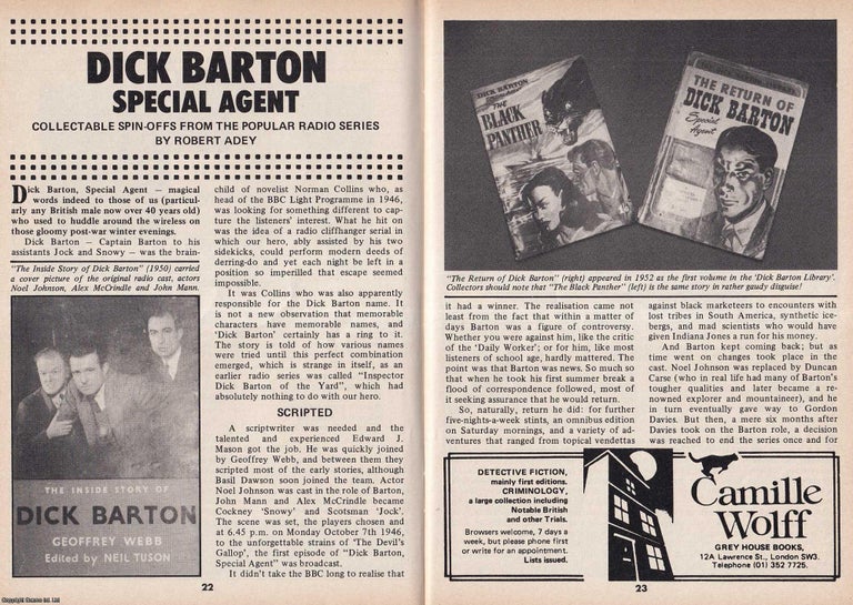 Item #324547 Dick Barton Special Agent : Collectable Spin Offs from the Radio Series. This is an original article separated from an issue of The Book & Magazine Collector publication, 1987. Robert Adey.