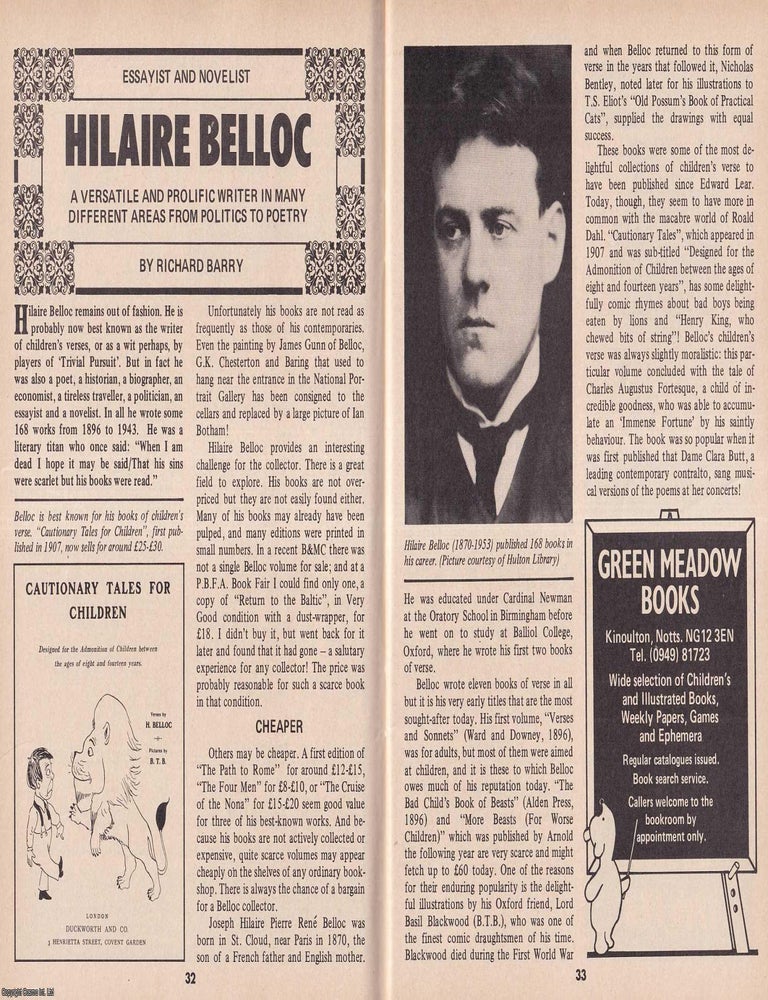 Item #324627 Hilaire Belloc's Range : Essays, Novels and a Prolific Literary Life. By Richard...