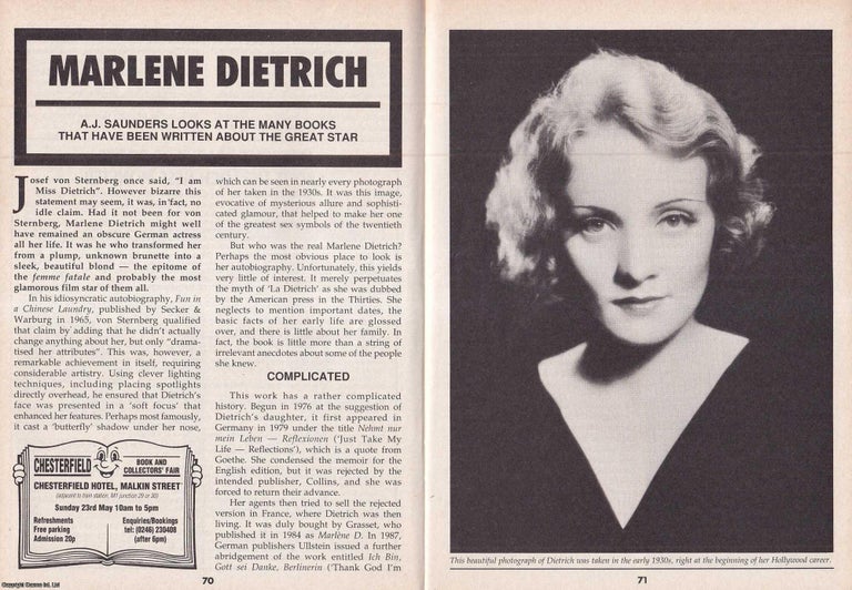 Item #324886 Marlene Dietrich : Many Books that have been Written about The Great Star. This is an original article separated from an issue of The Book & Magazine Collector publication, 1993. A. J. Saunders.