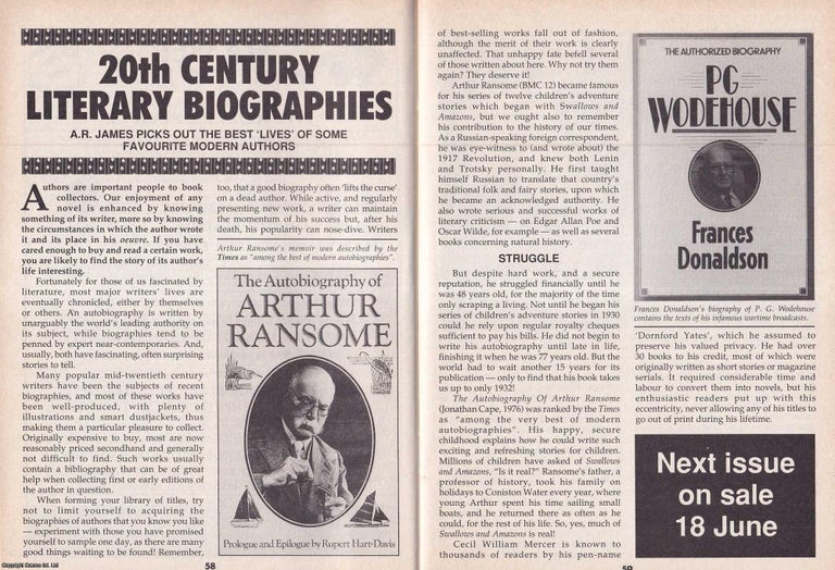 Item #324892 20th Century Literary Biographies. This is an original article separated from an issue of The Book & Magazine Collector publication, 1993. A. R. James.