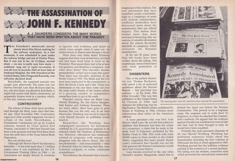 Item #324917 The Assassination of John F. Kennedy. The works that have been written about the crime. This is an original article separated from an issue of The Book & Magazine Collector publication, 1993. A. J. Saunders.