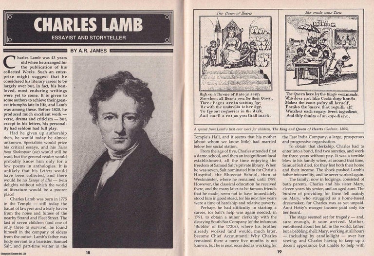 Item #324945 Charles Lamb. Essayist and Storyteller. This is an original article separated from an issue of The Book & Magazine Collector publication, 1994. A. R. James.