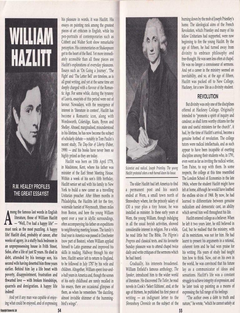 Item #325270 William Hazlitt in Profile : Essays, Opinions and the Making of a Critic. By R.M....