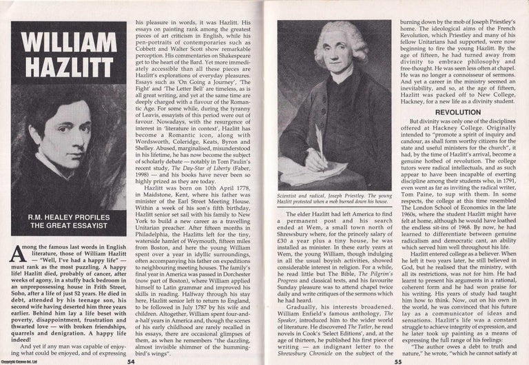 Item #325270 William Hazlitt. Profiling The Great Essayist. This is an original article separated from an issue of The Book & Magazine Collector publication, 1999. R M. Healey.