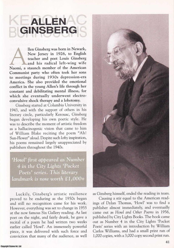 Item #325608 Allen Ginsberg, Beat Generation poet. This is an original article separated from an issue of The Book & Magazine Collector publication, 2004. Book, Magazine Collector.