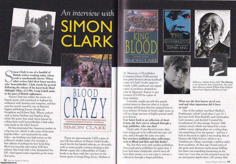 Item #325655 Simon Clark, horror writer : An Interview. This is an original article separated from an issue of The Book & Magazine Collector publication, 2005. Book, Magazine Collector.