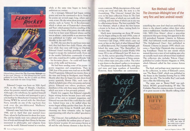 Item #325678 The Speculative Fiction of Edmund Cooper. This is an original article separated from an issue of The Book & Magazine Collector publication, 2006. Book, Magazine Collector.