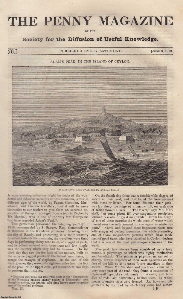 Item #330630 Adam's Peak, in The Island of Ceylon; The Miraculous Draught of Fisheries (cartoons of Raffaelle); Temple Bar, London, etc. Issue No. 76, June 8th, 1833. A complete original weekly issue of the Penny Magazine, 1833. Penny Magazine.