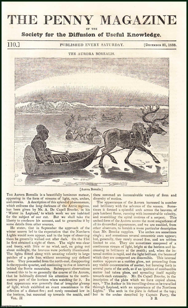 Item #330664 The Aurora Borealis in The Arctic Regions (Lapland) (Luminous Meteor); The Parrot (Macaw, Cockatoo, Parrakeet, etc); Mount Hecla (Iceland), etc. Issue No. 110, December 21st, 1833. A complete original weekly issue of the Penny Magazine, 1833. Penny Magazine.
