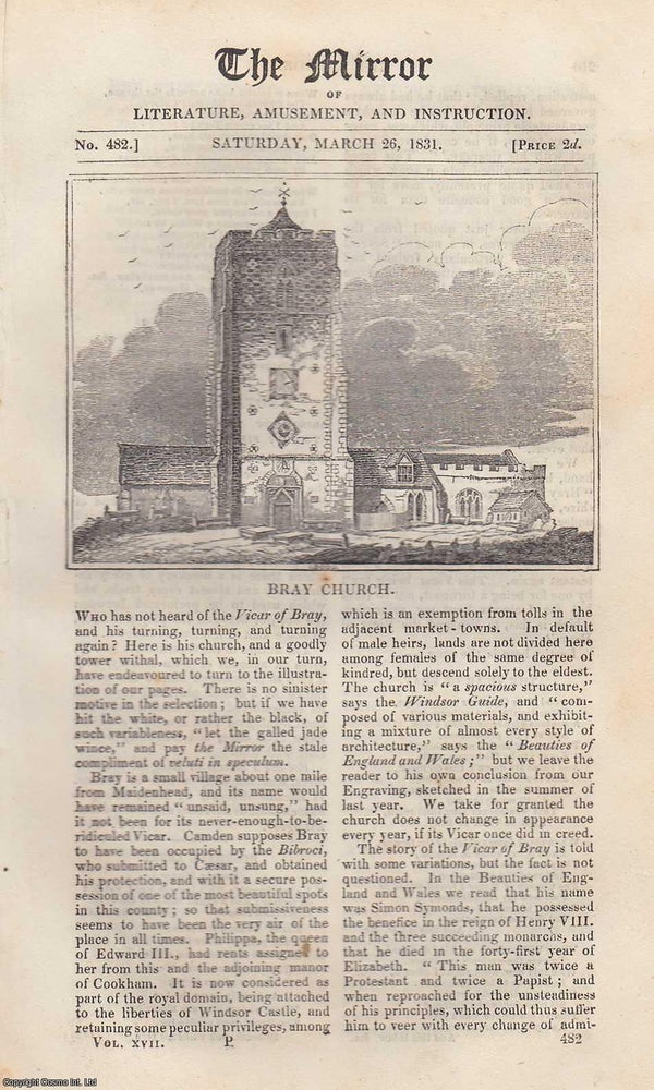 Item #330752 Bray Church (Maidenhead). A complete rare weekly issue of the Mirror of Literature, Amusement, and Instruction, 1831. THE MIRROR.