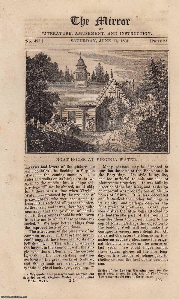 Item #330762 Boat-House at Virginia Water & Dialling (cross dialling). A complete rare weekly issue of the Mirror of Literature, Amusement, and Instruction, 1831. THE MIRROR.