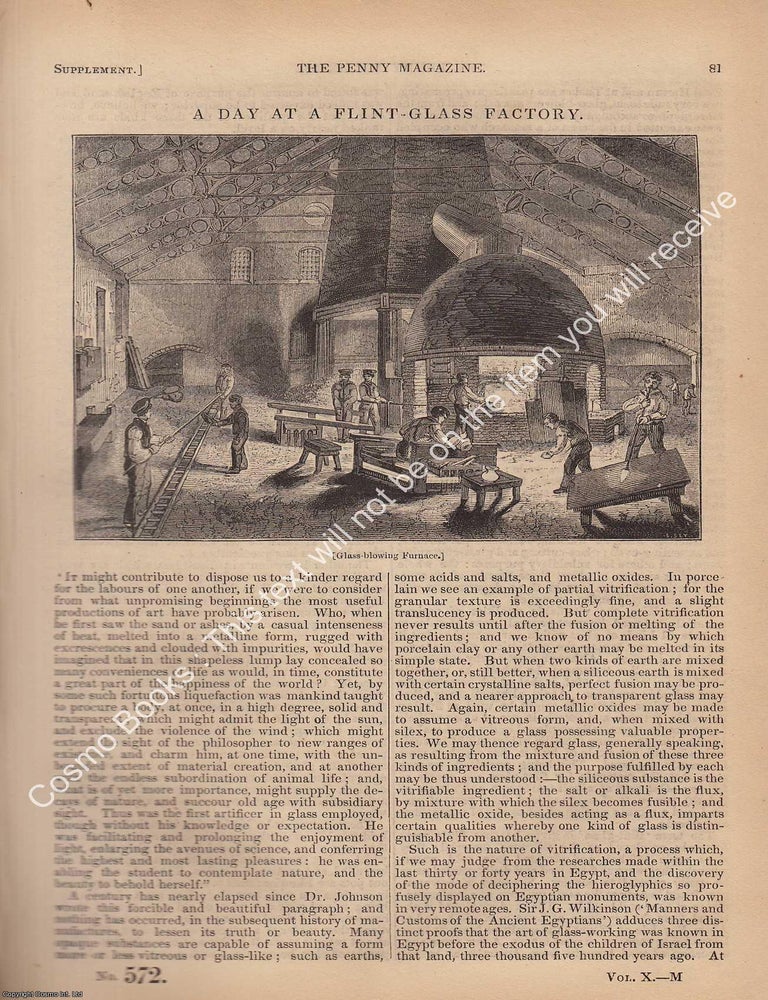 Item #330817 1841 Flint-Glass Factory : A Day at a Flint-Glass Factory, Holland Street, Blackfriars, London. The Penny Magazine : An Original Charles Knight Publication for SDUK. GLASS FACTORIES 1841.