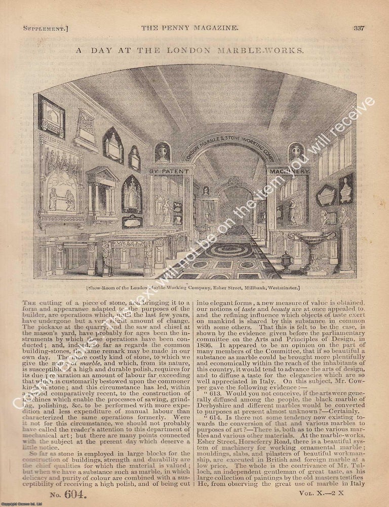 Item #330848 The London Marble-Works, Esher Street, Horseferry Road, in 1841. The Penny Magazine : An Original Charles Knight Publication for SDUK. LONDON MARBLE WORKS 1841.