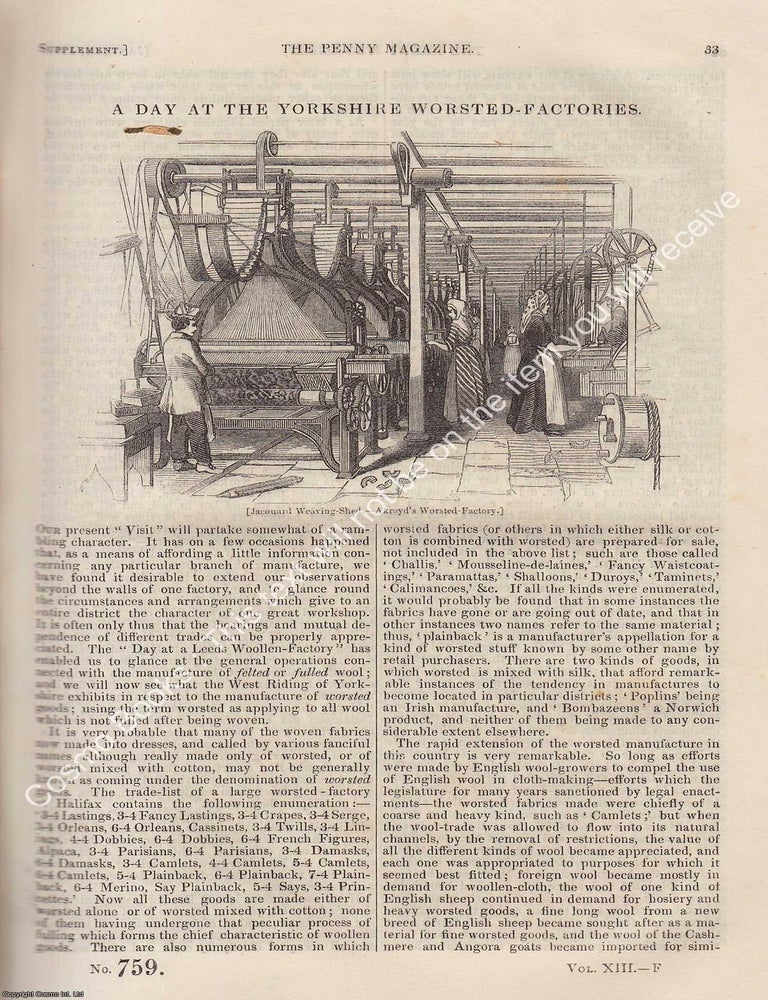Item #330874 Akroyd's Worsted-Factories, Yorkshire in 1844. The Penny Magazine : An Original Charles Knight Publication for SDUK. YORKSHIRE MILLS 1844.