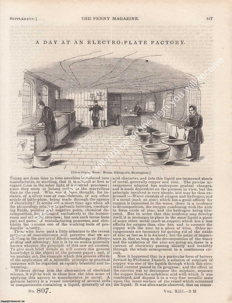 Item #330921 Elkington's Birmingham Electro-Plate Factory in 1844. The Penny Magazine : An Original Charles Knight Publication for SDUK. ELECTRO PLATE MANUFACTURES 1844.