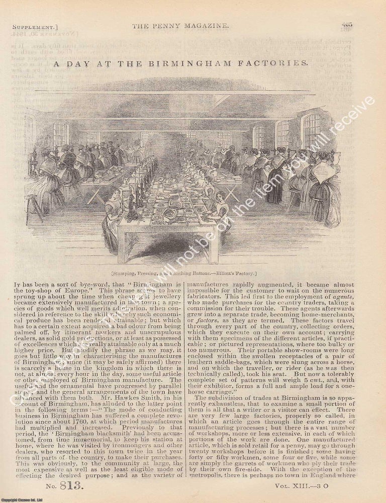 Item #330927 A Day at The Birmingham Elliott's Factories (stamping, punching & pressing buttons) TOGETHER WITH A Second Day at The Birmingham Wire Works, in 1844. The Penny Magazine : An Original Charles Knight Publication for SDUK. BUTTON MAKING 1844.