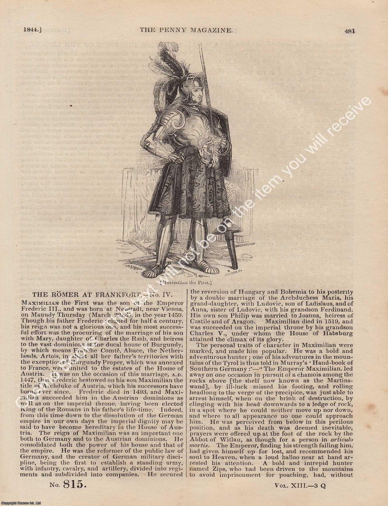 Item #330929 The Romer (4) (ancient town-house), at Frankfort; The Wine Districts of The Levant; Hudibras (9) (a poem); Changes in The Occupations of The People, etc. Issue No. 815, 1844. A complete rare weekly issue of the Penny Magazine, 1844. The Victorian Mind at Work: Weekly Knowledge from the Penny Magazine.