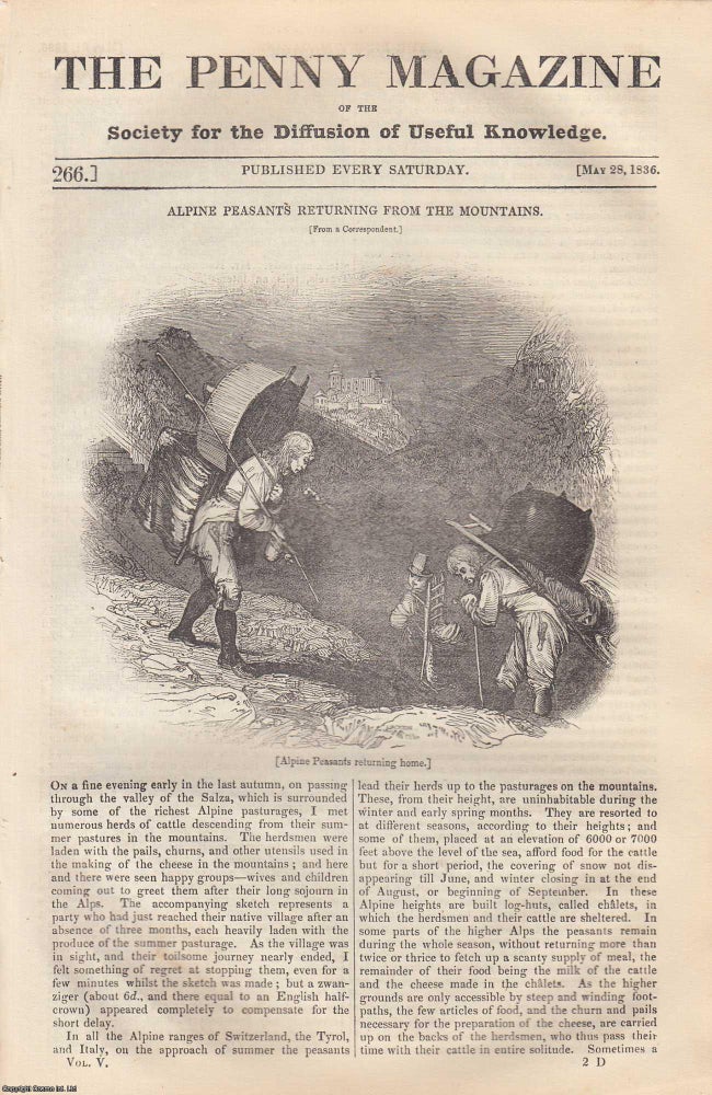 Item #331020 Alpine Peasants Returning From The Mountains; Migration of Swallows (birds); The Well of St. Keyne, Cornwall, etc. Issue No. 266, 1836. A complete original weekly issue of the Penny Magazine, 1836. Penny Magazine.