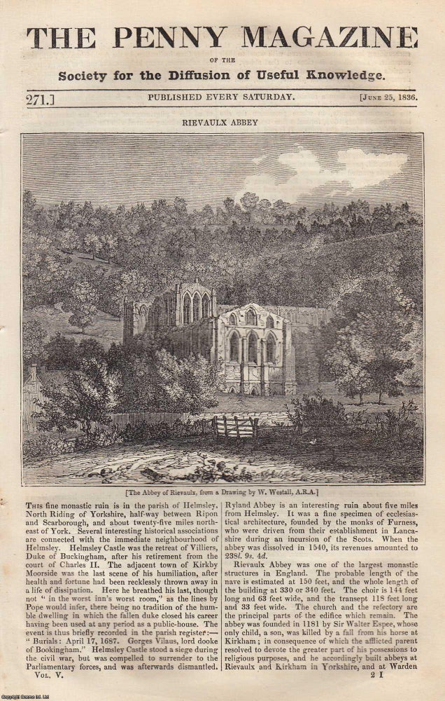 Item #331025 The Abbey of Rievaulx, England; Manners of The Northern Coal Miners; The Pinacothek: National Galleries For The Fine Arts of Munich, etc. Issue No. 271, 1836. A complete original weekly issue of the Penny Magazine, 1836. Penny Magazine.