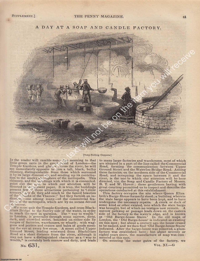 Item #331128 A London Soap and Candle Factory in 1842. The Penny Magazine : An Original Charles Knight Publication for SDUK. SOAP, CANDLE MAKERS 1842.
