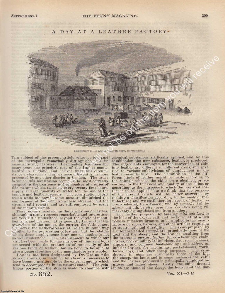Item #331149 A Leather-Factory, Bermondsey : A Day in 1842. The Penny Magazine : An Original Charles Knight Publication for SDUK. TANNERIES 1842.