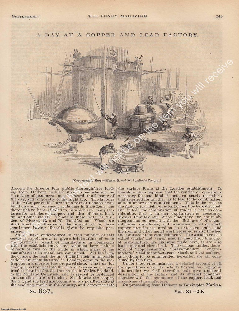 Item #331154 London Copper and Lead Factory 1842 : A Day at a Copper and Lead Factory. The Penny Magazine : An Original Charles Knight Publication for SDUK. COPPER, LEAD FACTORIES 1842.