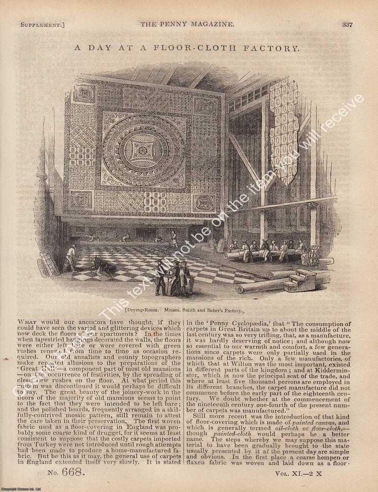 Item #331165 Smith & Baber's Floor-Cloth Factory : A Day in 1842. The Penny Magazine : An Original Charles Knight Publication for SDUK. FLOORCLOTH MANUFACTURE IN KNIGHTSBRIDGE 1842.
