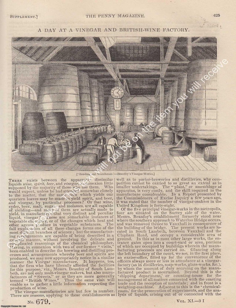 Item #331176 Beaufoy's Vinegar and British-Wine Factory in 1842. The Penny Magazine : An Original Charles Knight Publication for SDUK. VINEGAR FACTORY 1842.