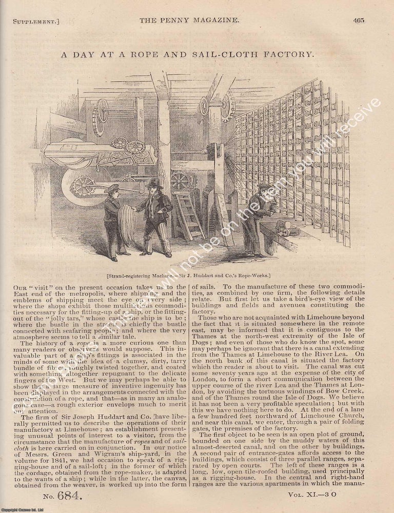 Item #331181 Sir J. Huddart & Co., Rope and Sail-Cloth Factory in 1842. The Penny Magazine : An Original Charles Knight Publication for SDUK. ROPE MAKERS 1842.