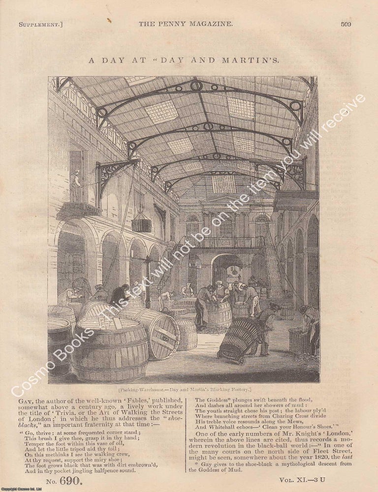 Item #331187 Day and Martin's Blacking Factory & Packing Warehouse, 1842. The Penny Magazine : An Original Charles Knight Publication for SDUK. BOOT BLACKING 1844.