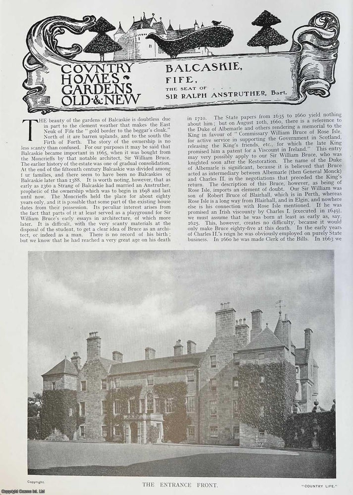 Item #334361 Balcaskie, Fife. The Seat of Sir Ralph Anstruther, Bart. Several pictures and accompanying text, removed from an original issue of Country Life Magazine, 1912. Country Life Magazine.