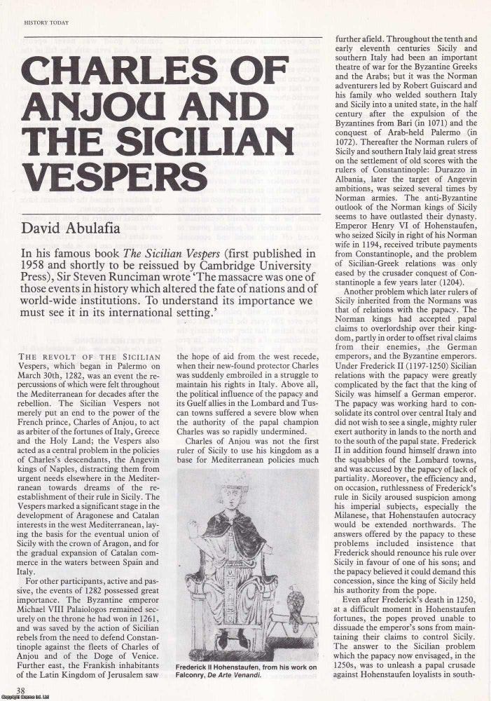 Item #334901 Charles of Anjou & The Sicilian Vespers. An original article from History Today 1982. David Abulafia.