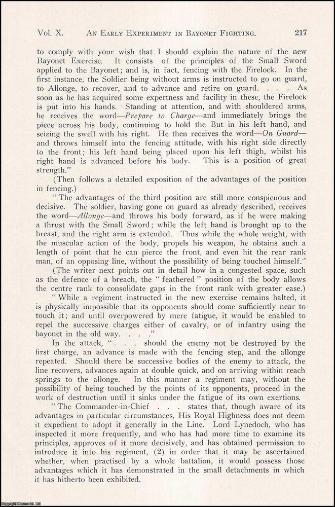 Item #335389 An Early Experiment in Bayonet Fighting. An original article from the Journal of the Society for Army Historical Research, 1931. A C. T. White.