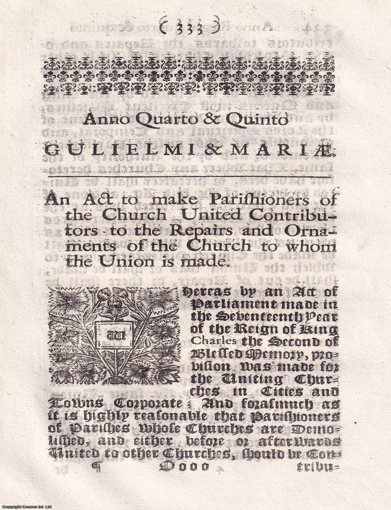 Item #346837 1692. An Act to Make Parishioners of The Church United Contributors to The Repairs...