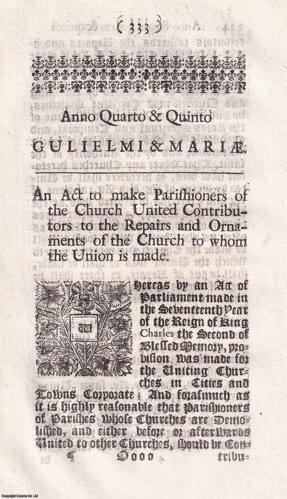 Item #346837 1692. An Act to Make Parishioners of The Church United Contributors to The Repairs...