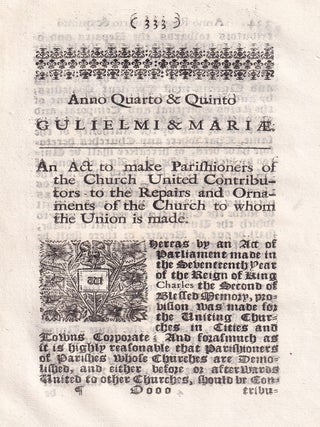 1692. An Act to Make Parishioners of The Church United Contributors to The Repairs and Ornaments of The Church to whom The Union is made.