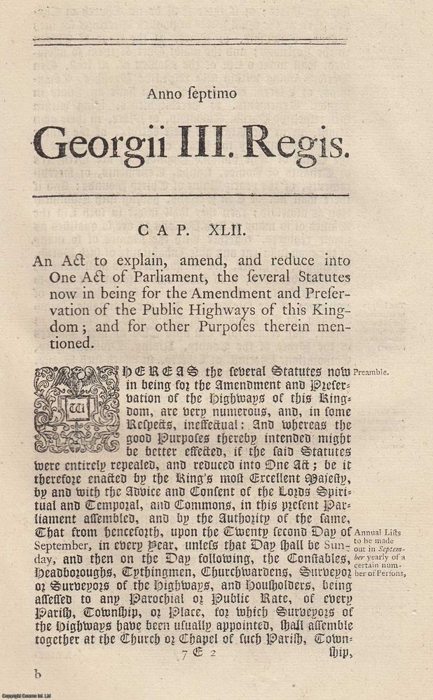 Item #347671 1767. Cap. Xlii. An Act for The Several Statutes now in being for The Amendment and Preservation of The Public Highways of this Kingdom. King George III.