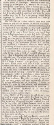 Automata: On Automaton Figures. Includes mention of the Digesting Duck of Vaucanson, automata clocks by Martinot, human-like figures by Maillardet and Maelzel. Two articles contained in two complete issues of The Saturday Magazine, 1841.