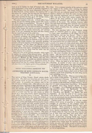 1844. Aborigines of King George's Sound, Western Australia. Contributions by Governor Phillips, Mr. Scott Nind, Capt. Grey, Mr. Backhouse and others. An interesting series of three articles contained in three complete issues of The Saturday Magazine, 1844.