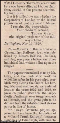 Item #350475 1830. The Railway System. A letter and editorial regarding Thomas Gray's claims to...