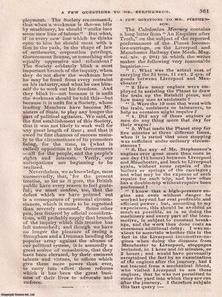 1830, Rainhill Railway Trials. A series of contemporary reports regarding the Rainhill Railway Trials and development of the Liverpool and Manchester Railway. Historical details, construction & costs, preparatory experiments, description of the railway, opening of the railway, the accident (death of Wm. Huskisson), commencement of traffic, performance of the engines, Stephensons' locomotive The Northumbrian, the locomotive carriages of Stephenson, Braithwaite, and Ericsson, further correspondence, commencement of goods carrying, derailment of The Meteor, etc. All contained in a series of 7 disbound issues of the Mechanics' Magazine, September, October, November 1830 & January 1831.