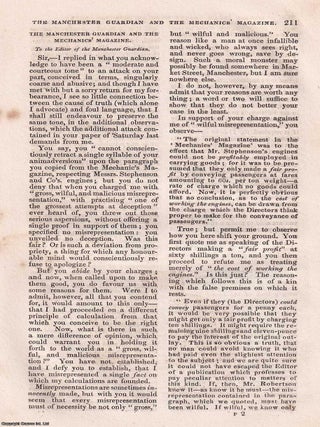 1830, Rainhill Railway Trials. A series of contemporary reports regarding the Rainhill Railway Trials and development of the Liverpool and Manchester Railway. Historical details, construction & costs, preparatory experiments, description of the railway, opening of the railway, the accident (death of Wm. Huskisson), commencement of traffic, performance of the engines, Stephensons' locomotive The Northumbrian, the locomotive carriages of Stephenson, Braithwaite, and Ericsson, further correspondence, commencement of goods carrying, derailment of The Meteor, etc. All contained in a series of 7 disbound issues of the Mechanics' Magazine, September, October, November 1830 & January 1831.