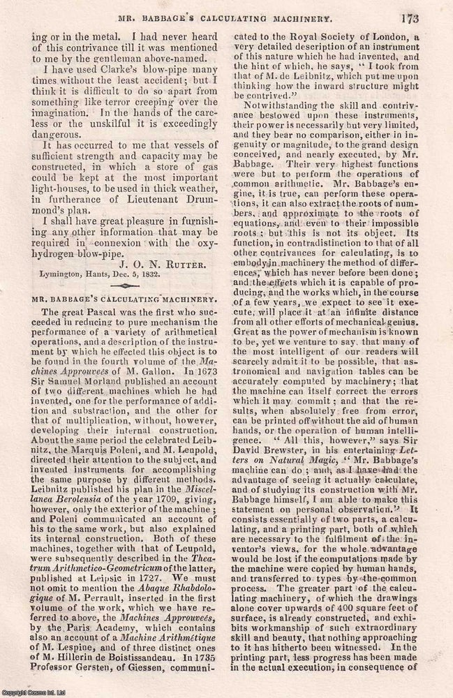 Item #350546 Charles Babbage 1832-3. A collection of seven articles regarding Charles Babbage, contained in 6 disbound issues of the Mechanics' Magazine, December 1832 & January 1833. MECHANICS MAGAZINE.