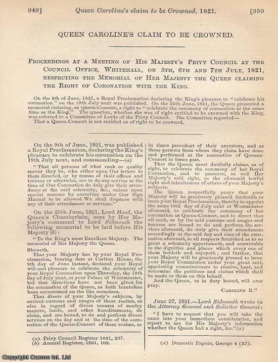 Item #350630 1888. Queen Caroline's Claim to be Crowned. Proceedings at a Meeting of His...