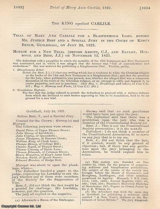 Item #350631 1888. Trial of Mary Ann Carlile for a Blasphemous Libel before Mr Justice Best and a...
